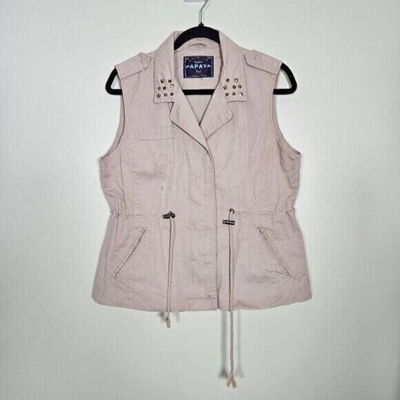 Papaya Vest Womens L Tan Full Zip Studs Pockets Drawstrings Cotton Boho Hippie - Picture 1 of 14